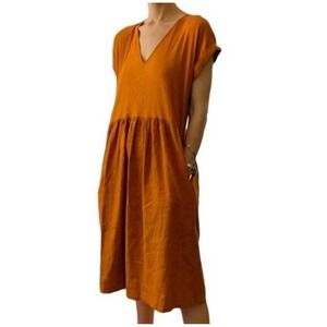 LOFT Linen Blend Babydoll Midi Dress Rust Orange V-Neck Short Sleeve Size L